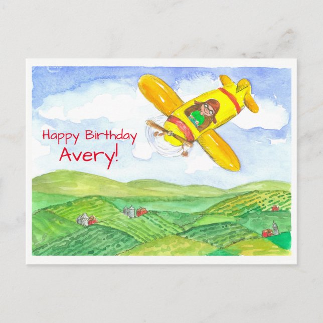 Yellow Aeroplane Happy Birthday Custom Name Postcard (Front)