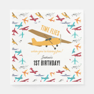 Yellow Aeroplane Kids 1st Birthday Party Time Flie Napkin