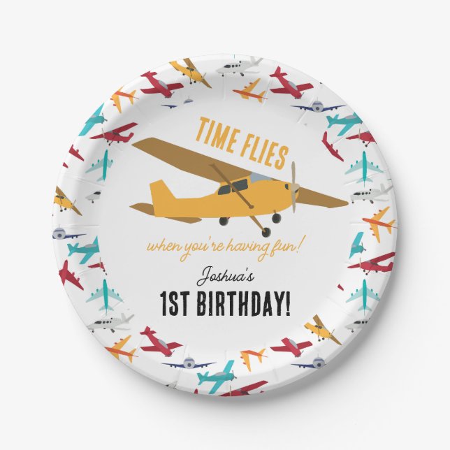 Yellow Aeroplane Kids 1st Birthday Party Time Flie Paper Plate (Front)