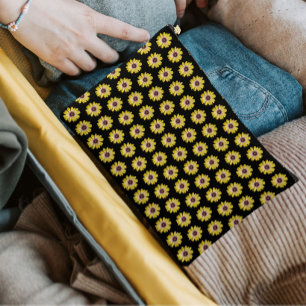 Yellow African Daisy Floral Pattern on Black Accessory Pouch