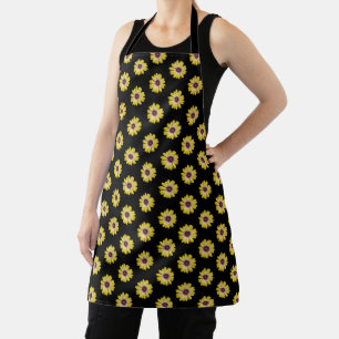 Yellow African Daisy Floral Pattern on Black Apron