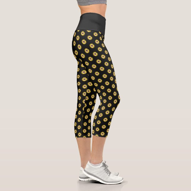 Yellow African Daisy Floral Pattern on Black Capri Leggings (Right)