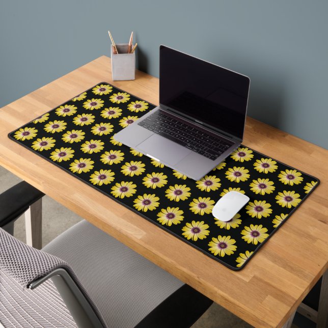 Yellow African Daisy Floral Pattern on Black Desk Mat (Office 2)