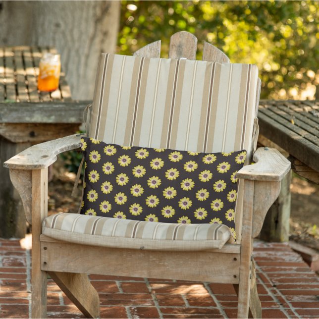 Yellow African Daisy Floral Pattern on Black Lumbar Cushion (Chair)