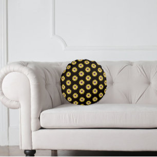 Yellow African Daisy Floral Pattern on Black Round Cushion