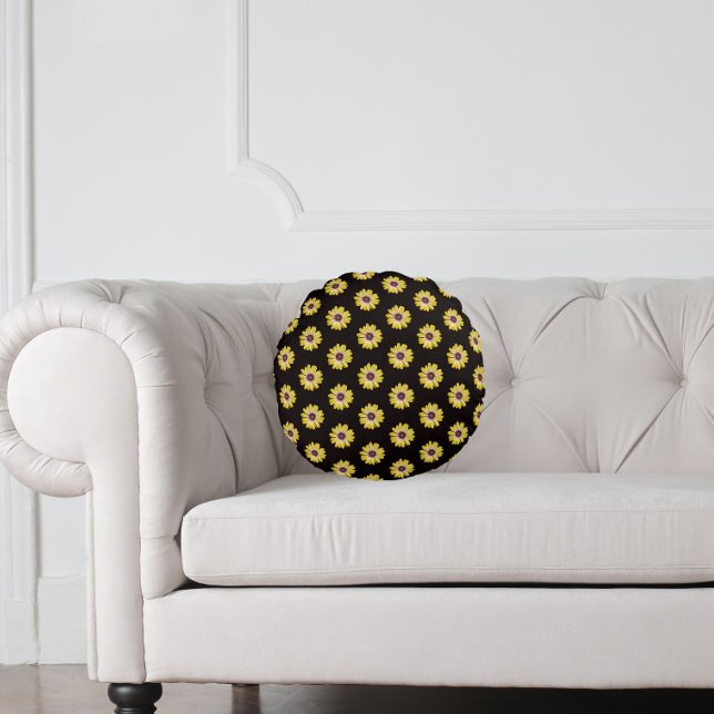 Yellow African Daisy Floral Pattern on Black Round Cushion (In Situ)