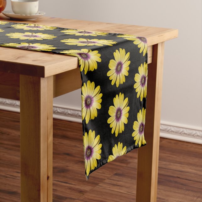 Yellow African Daisy Floral Pattern on Black Short Table Runner (In Situ)