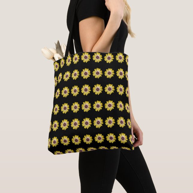 Yellow African Daisy Floral Pattern on Black Tote Bag (Close Up)