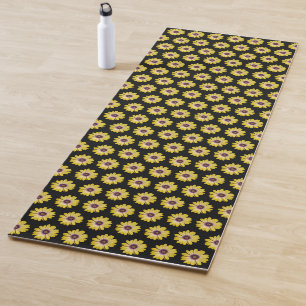 Yellow African Daisy Floral Pattern on Black Yoga Mat