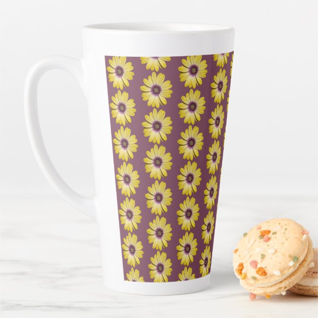 Yellow African Daisy Floral Pattern on Purple Latte Mug (In Situ)