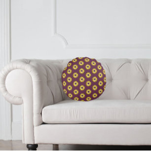 Yellow African Daisy Floral Pattern on Purple Round Cushion