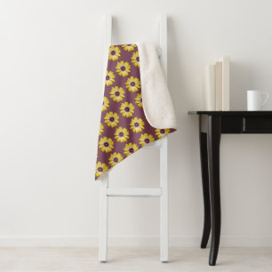 Yellow African Daisy Floral Pattern on Purple Sherpa Blanket