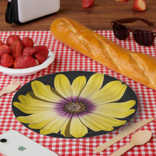 Yellow African Daisy on Black Floral Paper Plate