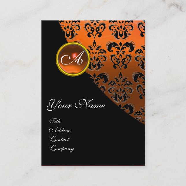 YELLOW AGATE ORANGE BLACK DAMASK MONOGRAM, BUSINESS CARD (Front)