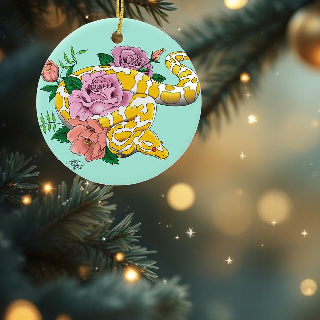 Yellow Albino Ball Python Teal Roses  Ceramic Tree Decoration (Creator Uploaded)