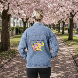 Yellow Albino Ball Python Teal Roses Denim Jacket