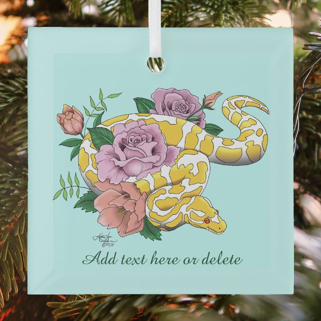 Yellow Albino Ball Python Teal Roses Glass Tree Decoration (Creator Uploaded)