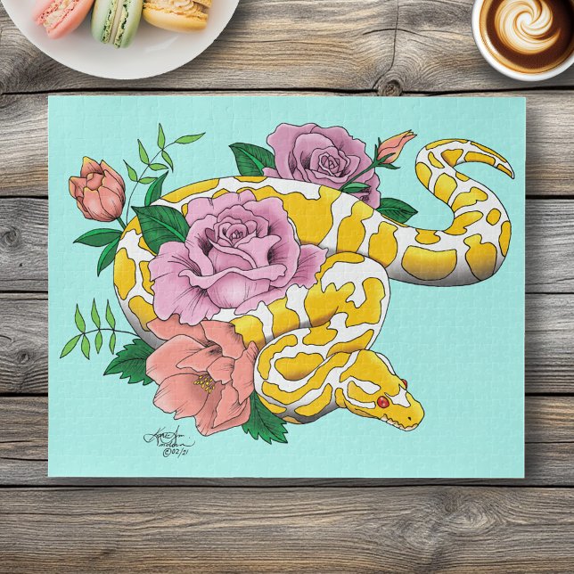 Yellow Albino Ball Python Teal Roses Jigsaw Puzzle (Creator Uploaded)