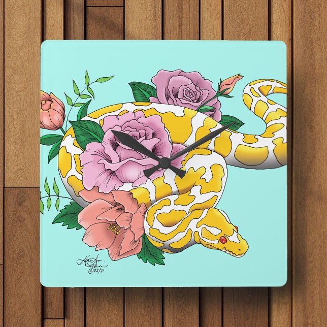 Yellow Albino Ball Python Teal Roses Square Wall Clock (Creator Uploaded)