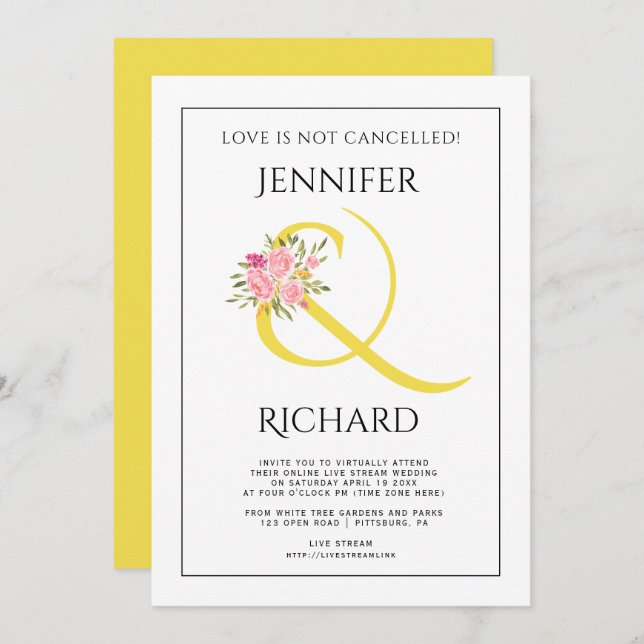 Yellow ampersand and pink roses virtual wedding invitation (Front/Back)