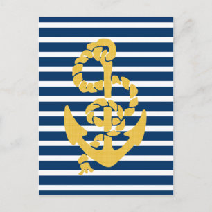 Yellow Anchor Blue And White Striped Background Postcard