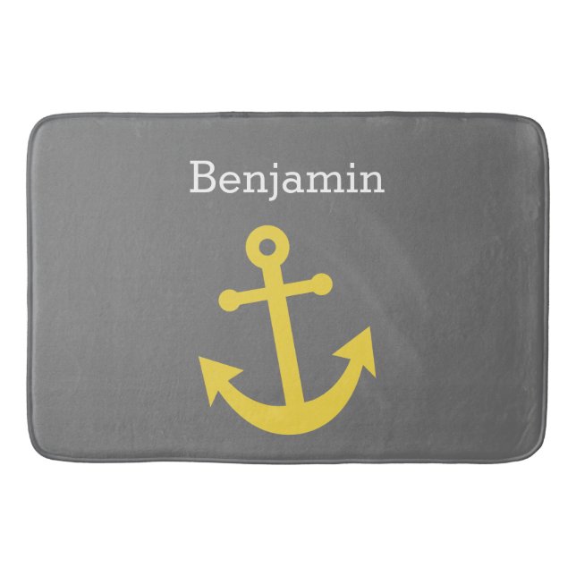 Yellow Anchor with Custom Name - Grey Bath Mat (Front)