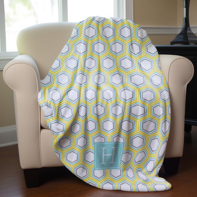 Yellow and Aqua Honeycomb Pattern Monogrammed Fleece Blanket (Creator Uploaded)
