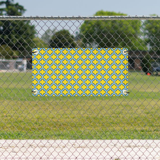 Yellow and Baby Blue Trellis, Lattice, Quatrefoil Banner (Insitu)