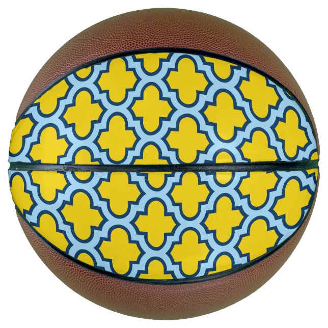 Yellow and Baby Blue Trellis, Lattice, Quatrefoil Basketball (Front)