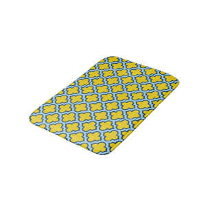 Yellow and Baby Blue Trellis, Lattice, Quatrefoil Bath Mat