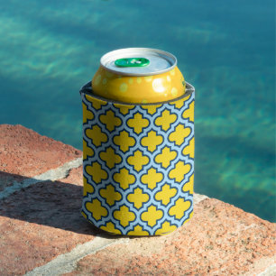 Yellow and Baby Blue Trellis, Lattice, Quatrefoil Can Cooler