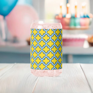 Yellow and Baby Blue Trellis, Lattice, Quatrefoil Can Glass
