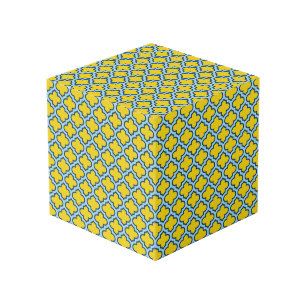 Yellow and Baby Blue Trellis, Lattice, Quatrefoil Cube