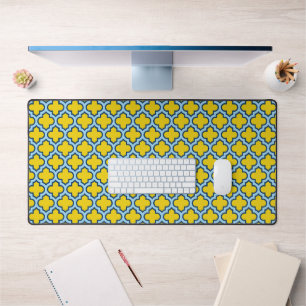 Yellow and Baby Blue Trellis, Lattice, Quatrefoil Desk Mat