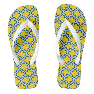 Yellow and Baby Blue Trellis, Lattice, Quatrefoil Jandals