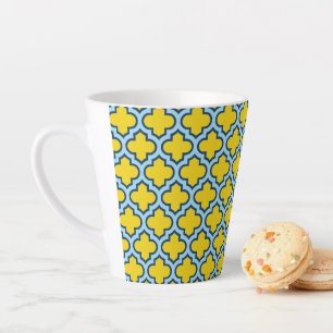 Yellow and Baby Blue Trellis, Lattice, Quatrefoil Latte Mug