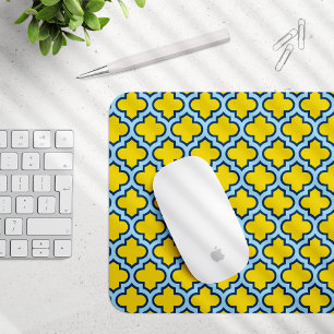 Yellow and Baby Blue Trellis, Lattice, Quatrefoil Mouse Pad