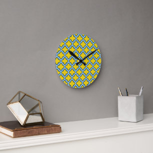 Yellow and Baby Blue Trellis, Lattice, Quatrefoil Round Clock