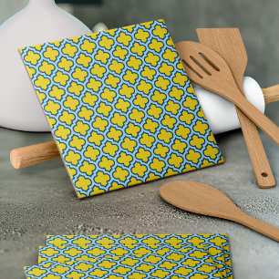 Yellow and Baby Blue Trellis, Lattice, Quatrefoil Tile