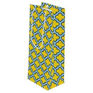 Yellow and Baby Blue Trellis, Lattice, Quatrefoil Wine Gift Bag