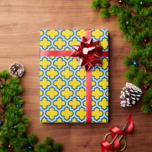 Yellow and Baby Blue Trellis, Lattice, Quatrefoil Wrapping Paper