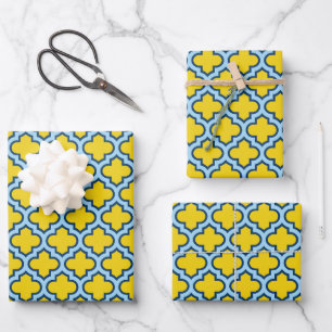 Yellow and Baby Blue Trellis, Lattice, Quatrefoil Wrapping Paper Sheet