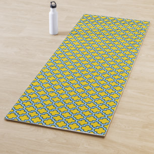Yellow and Baby Blue Trellis, Lattice, Quatrefoil Yoga Mat