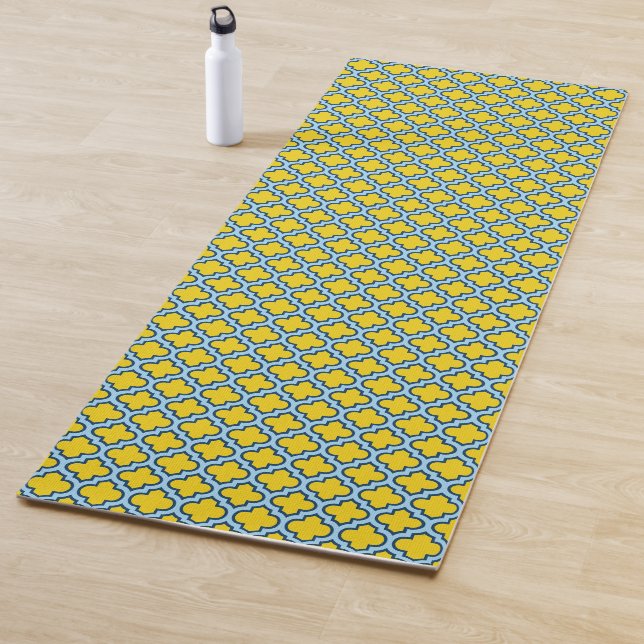 Yellow and Baby Blue Trellis, Lattice, Quatrefoil Yoga Mat (In Situ)