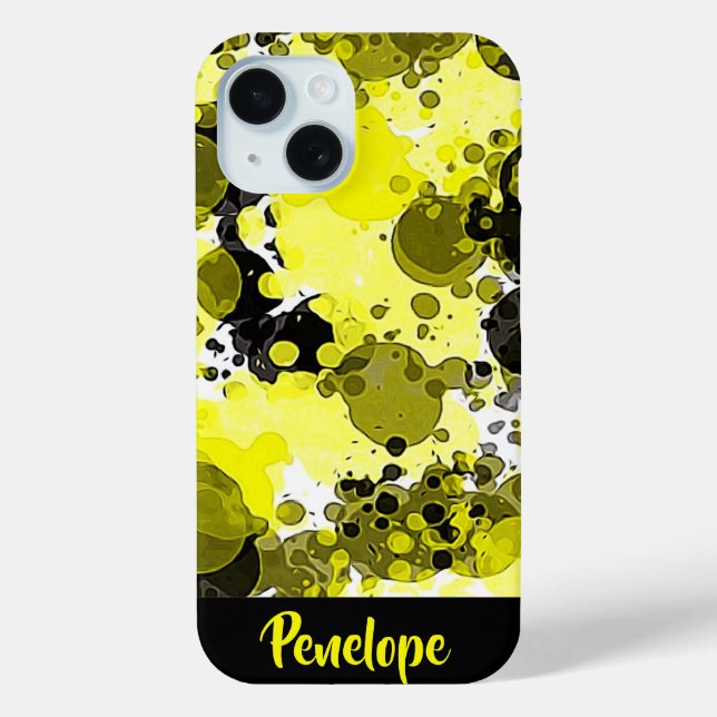 Yellow and Black Abstract Paint Splatter with Name Case-Mate iPhone Case (Back)