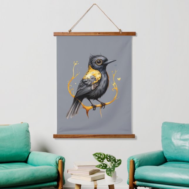 Yellow and Black Abstract Yellow Winged Blackbird Hanging Tapestry (Living Room)