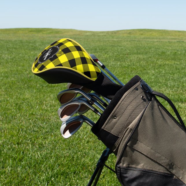 Yellow and Black Buffalo Plaid Name Monogram Golf Head Cover (In Situ)