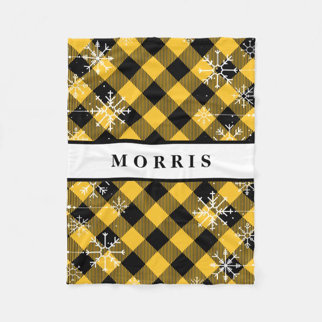 Yellow and Black Buffalo Plaid Snowflakes Fleece Blanket (Front)