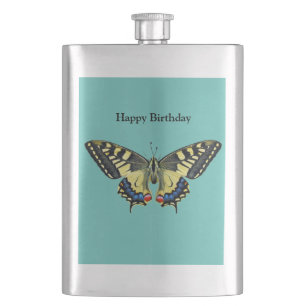 Yellow and black butterfly hip flask