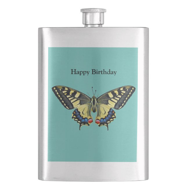 Yellow and black butterfly    hip flask (Front)